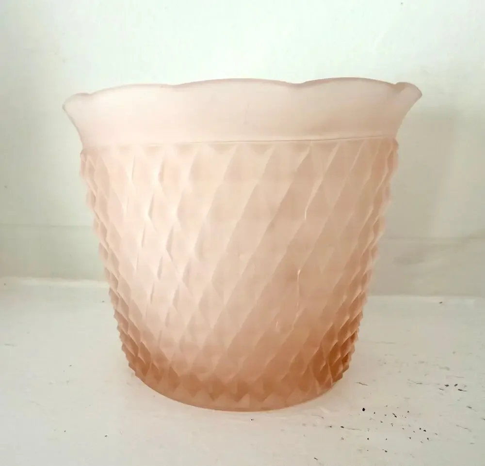 Indiana Glass Pink Satin Diamond Point Jardiniere Planter Frosted Vase Vintage
